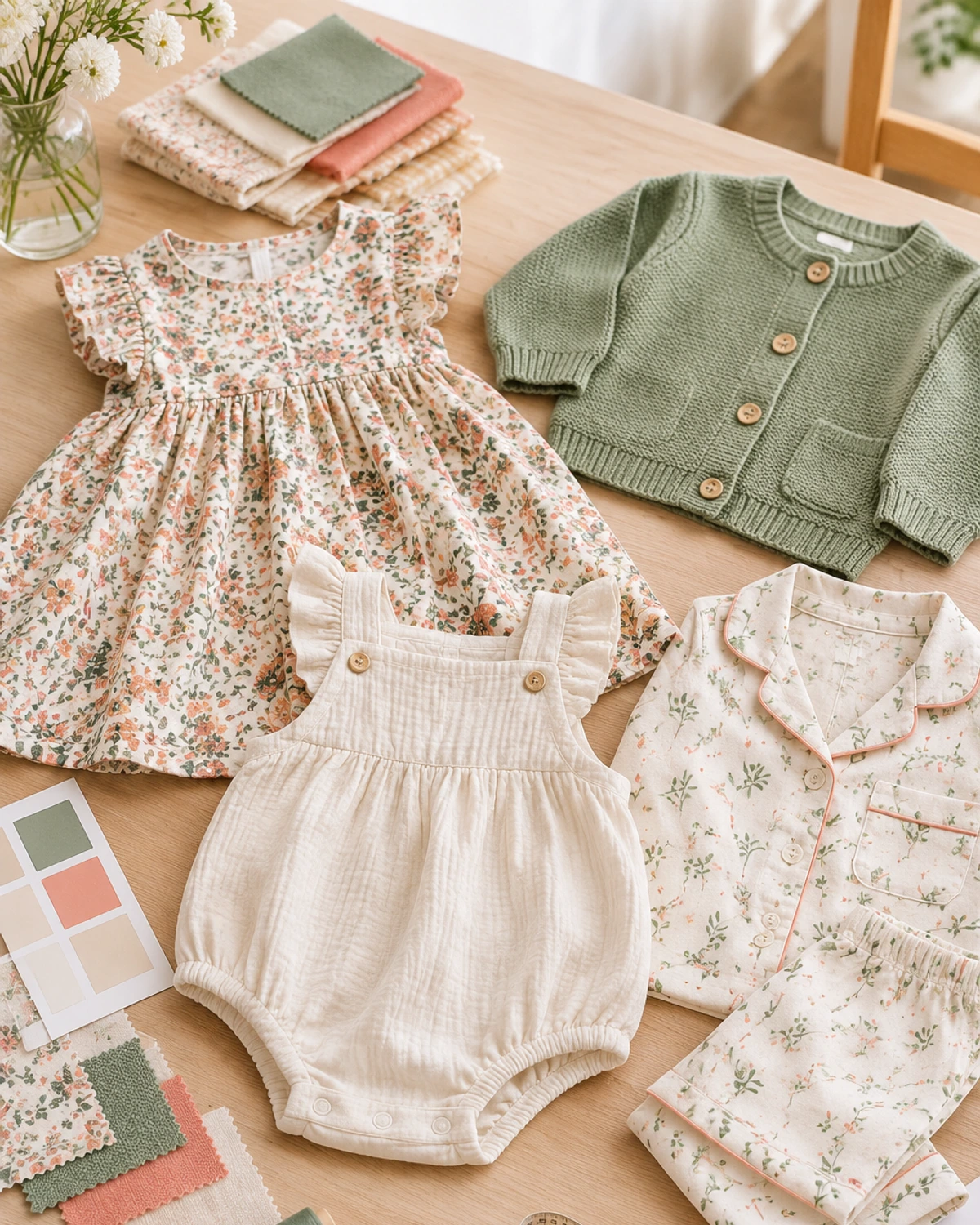Children's clothing samples reviewed before packing and shipment planning