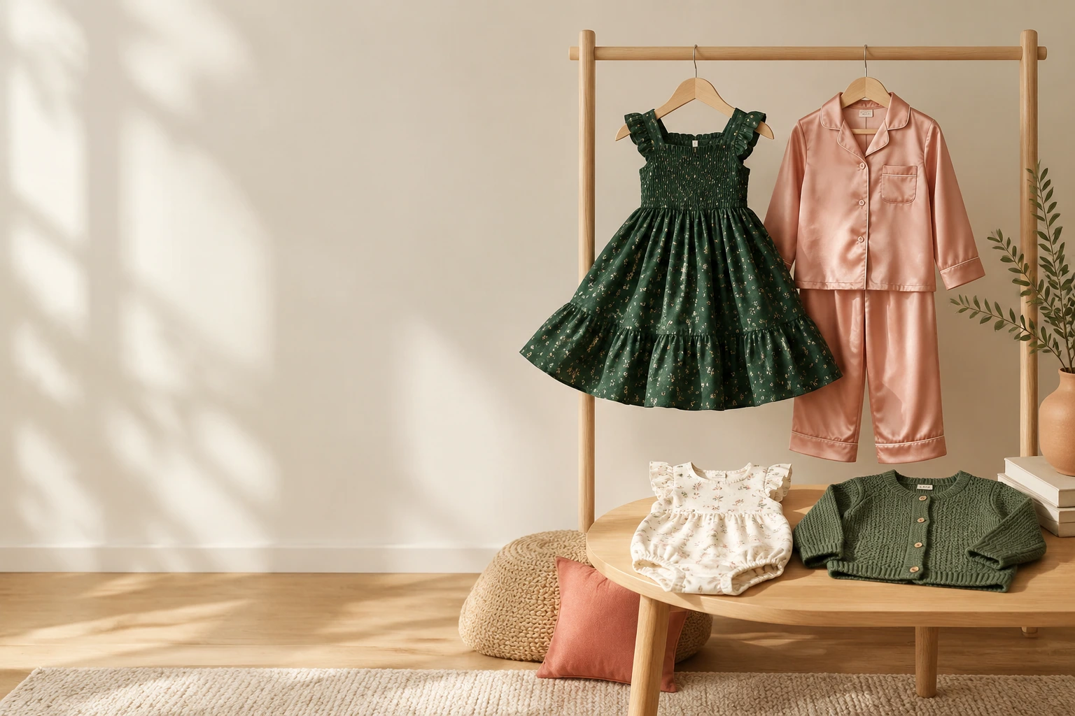 Children's garments arranged for range review before packaging and shipment planning