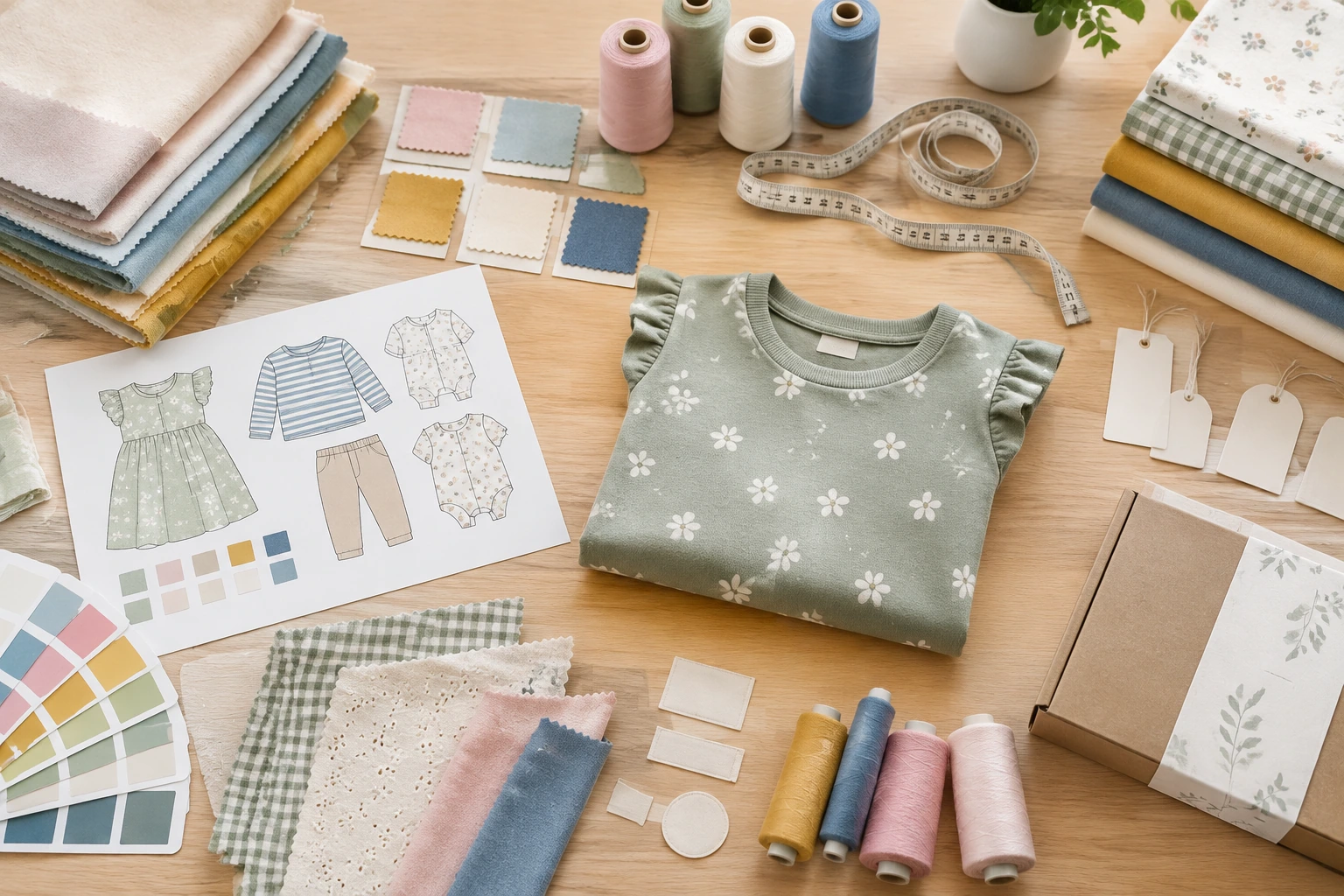Garment development concept showing fabric swatches, thread, a sample garment and a measuring tape
