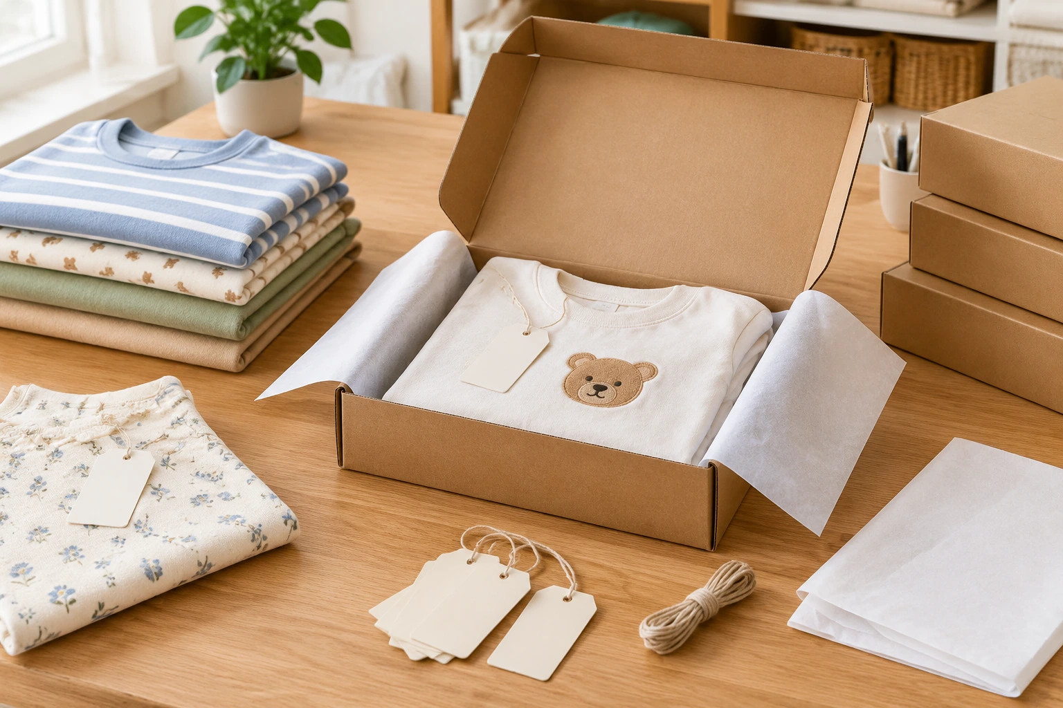 Packaging concept with folded baby clothing, tissue paper, blank hangtags and cartons