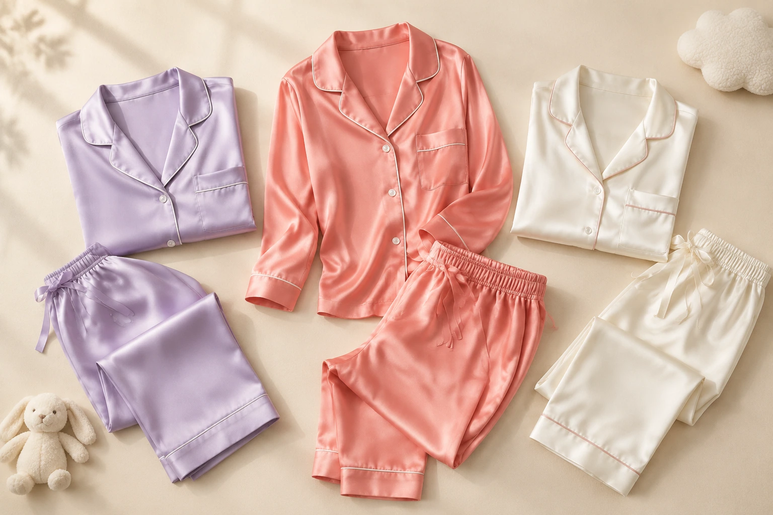 Children's pajama collection concept with satin fabric and piping details