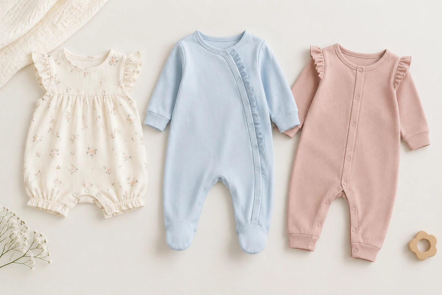 Baby romper and footie collection concept in soft neutral colours