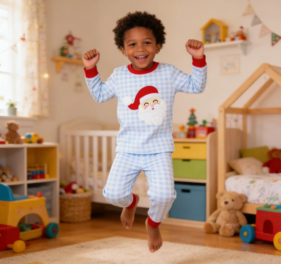Child wearing blue checked knit pajamas
