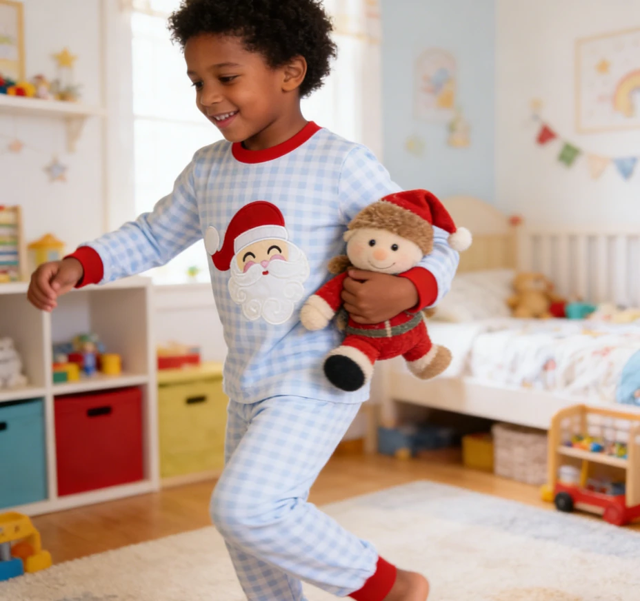 Christmas Baby Clothes Knit Blue Gingham Kids Pyjamas Santa Children's Clothing Sets Pajamas product image 2