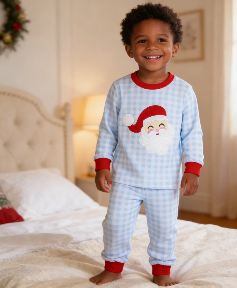 Christmas Baby Clothes Knit Blue Gingham Kids Pyjamas Santa Children's Clothing Sets Pajamas product image 5