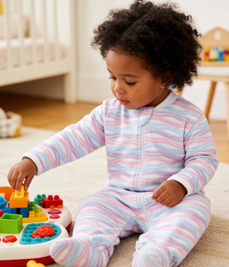 Baby wearing a striped one-piece sleeper
