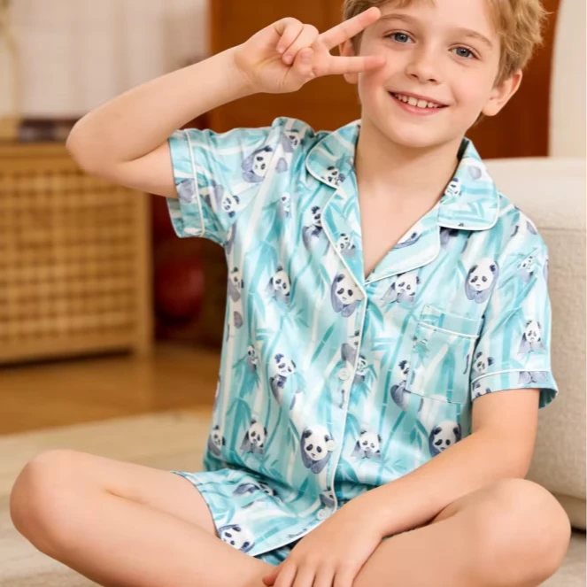 Children Pandas Print Boy Satin Pajamas Short Set Customized Kids Short Sleeve Button Down Clothes Set product image 1