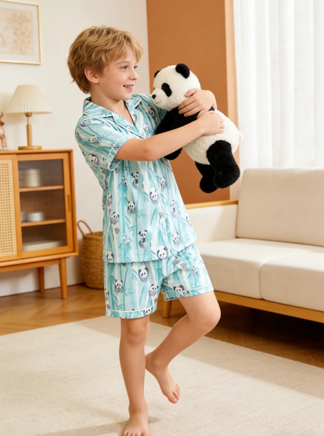 Children Pandas Print Boy Satin Pajamas Short Set Customized Kids Short Sleeve Button Down Clothes Set product image 2