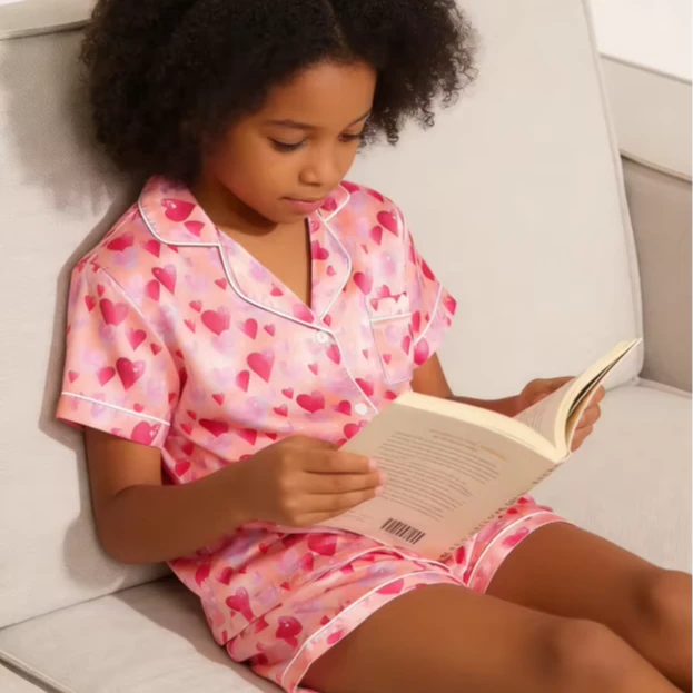 Children Diamond Hearts Orange Satin Short PJ Set Summer Pajamas Short Clothing Set product image 1