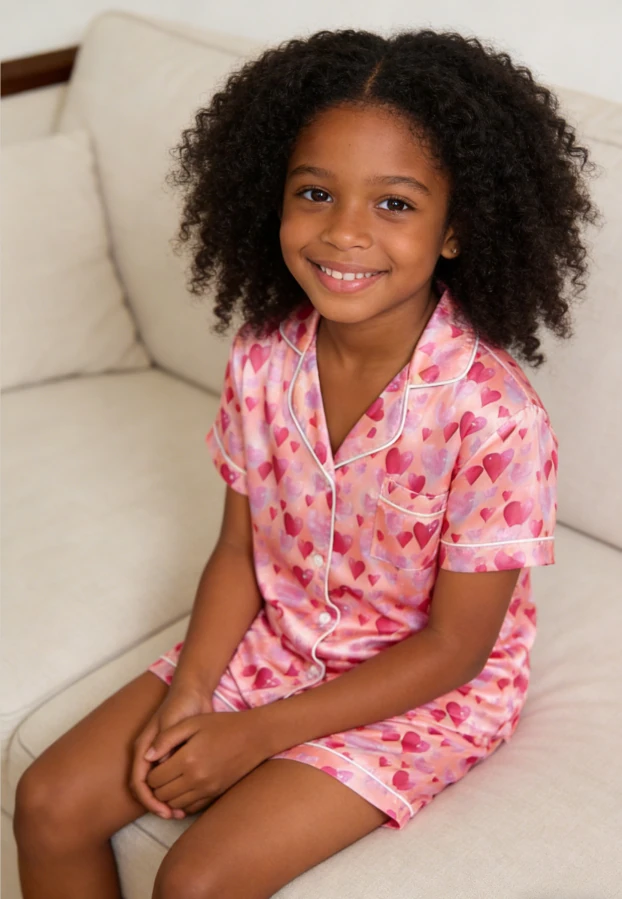 Children Diamond Hearts Orange Satin Short PJ Set Summer Pajamas Short Clothing Set product image 2