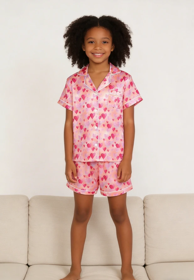 Children Diamond Hearts Orange Satin Short PJ Set Summer Pajamas Short Clothing Set product image 3