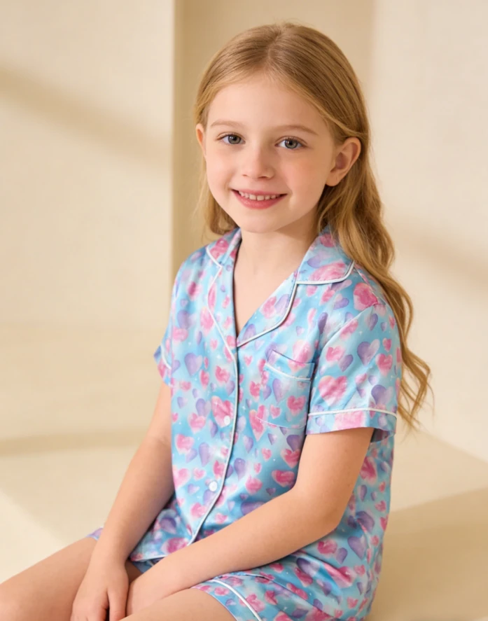 Baby Girls Diamond Hearts Blue Satin Short PJ Set Summer Pajamas Short Set product image 1