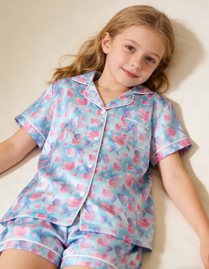 Baby Girls Diamond Hearts Blue Satin Short PJ Set Summer Pajamas Short Set product image 2