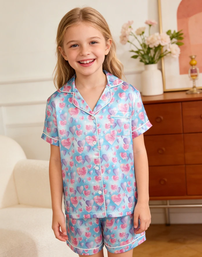 Baby Girls Diamond Hearts Blue Satin Short PJ Set Summer Pajamas Short Set product image 3