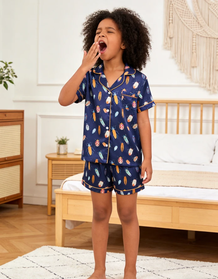 Children Beetles Navy Satin Short PJ Set Baby Girls Spring Summer Pajamas Button Down Short Clothing Set product image 2