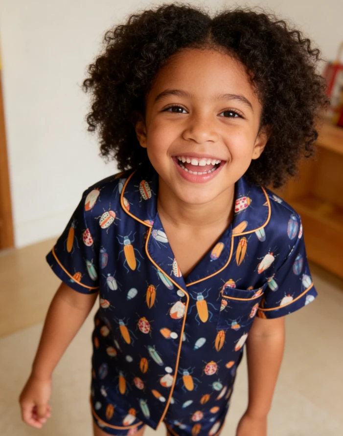 Children Beetles Navy Satin Short PJ Set Baby Girls Spring Summer Pajamas Button Down Short Clothing Set product image 3