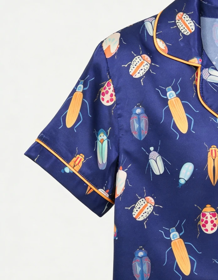 Children Beetles Navy Satin Short PJ Set Baby Girls Spring Summer Pajamas Button Down Short Clothing Set product image 6