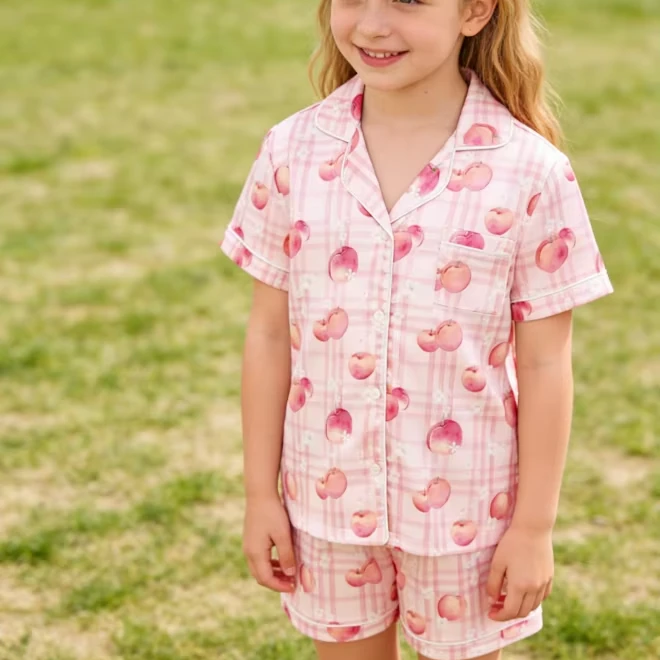 Baby Girls Peaches Satin Short Satin Short Pajamas Set Children Sleepwear Sets Kids Summer Button Down Sets product image 1