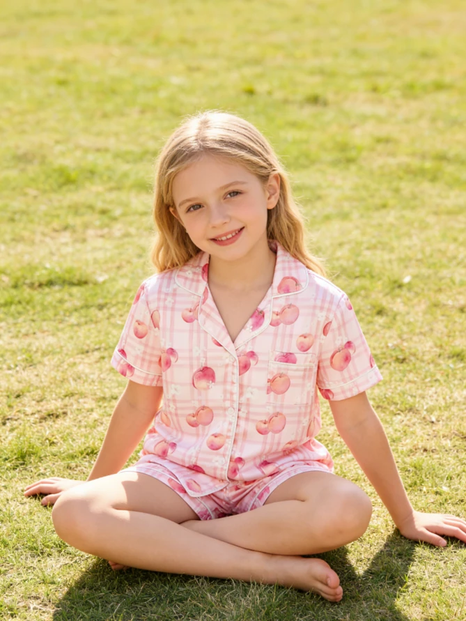 Baby Girls Peaches Satin Short Satin Short Pajamas Set Children Sleepwear Sets Kids Summer Button Down Sets product image 3