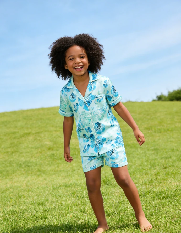 New Fashion Baby Girls Aqua Hibiscus Satin Short Pajamas Set Summer PJ Button Down Short Set product image 1