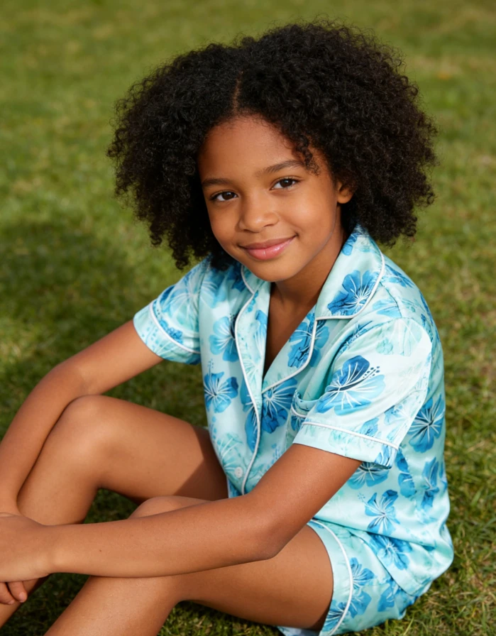 New Fashion Baby Girls Aqua Hibiscus Satin Short Pajamas Set Summer PJ Button Down Short Set product image 2
