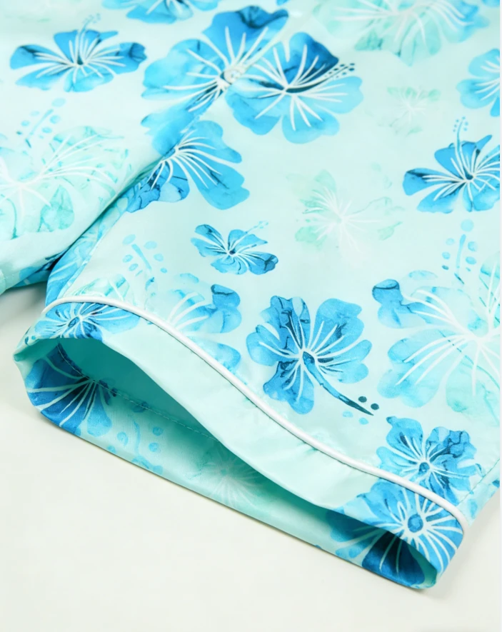 New Fashion Baby Girls Aqua Hibiscus Satin Short Pajamas Set Summer PJ Button Down Short Set product image 3