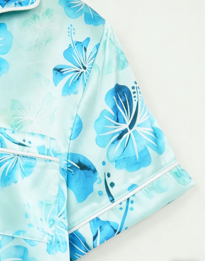 New Fashion Baby Girls Aqua Hibiscus Satin Short Pajamas Set Summer PJ Button Down Short Set product image 5