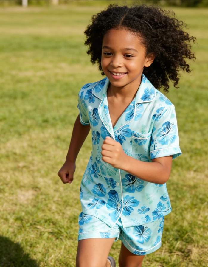 New Fashion Baby Girls Aqua Hibiscus Satin Short Pajamas Set Summer PJ Button Down Short Set product image 6