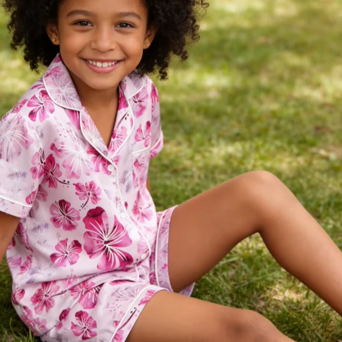 Kids Pink Hibiscus Short PJ Set Baby Girls Spring Summer Pajamas Button Down Short Clothing Set product image 1