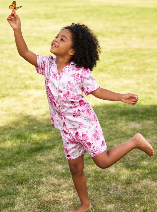 Kids Pink Hibiscus Short PJ Set Baby Girls Spring Summer Pajamas Button Down Short Clothing Set product image 2