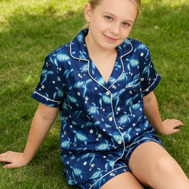Baby Girls Turtle Find the Current Navy Satin Short Pajamas Set Spring PJ Button Down Short Set product image 1