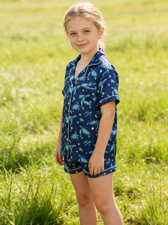 Baby Girls Turtle Find the Current Navy Satin Short Pajamas Set Spring PJ Button Down Short Set product image 2