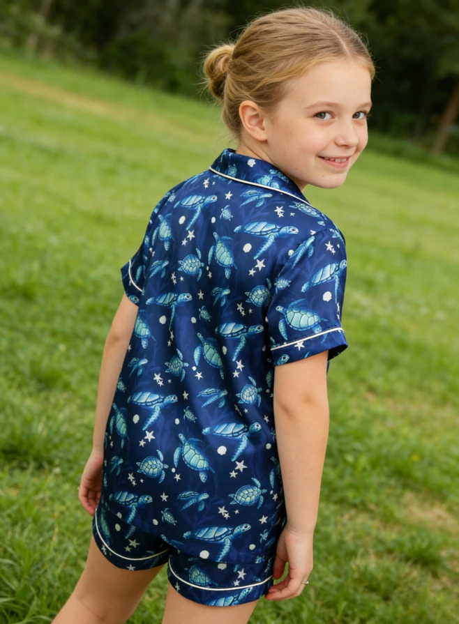 Baby Girls Turtle Find the Current Navy Satin Short Pajamas Set Spring PJ Button Down Short Set product image 3
