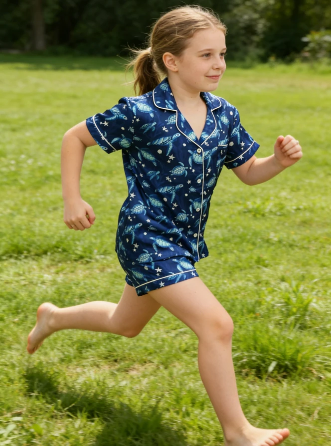 Baby Girls Turtle Find the Current Navy Satin Short Pajamas Set Spring PJ Button Down Short Set product image 4