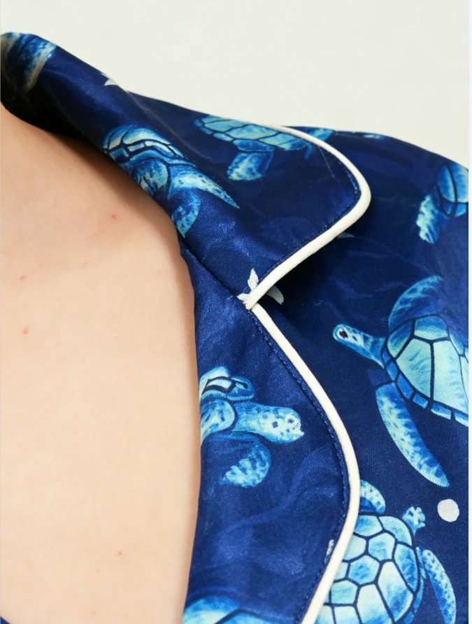 Baby Girls Turtle Find the Current Navy Satin Short Pajamas Set Spring PJ Button Down Short Set product image 5