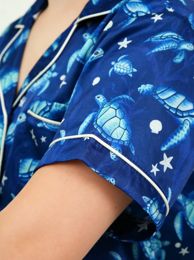 Baby Girls Turtle Find the Current Navy Satin Short Pajamas Set Spring PJ Button Down Short Set product image 6