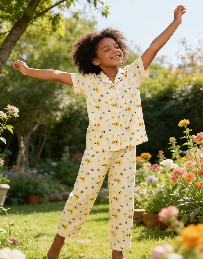 Children Yellow Bumble Bees Satin Short PJ Set Kid Pajamas Short Clothing Set product image 1