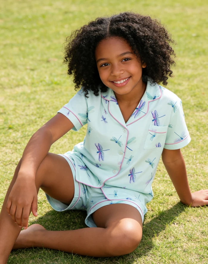 Children Aqua Dragonflies Satin Short Pajamas Set Baby Girls Summer Pajamas Short Clothing Set Kids Spring Button Down product image 1