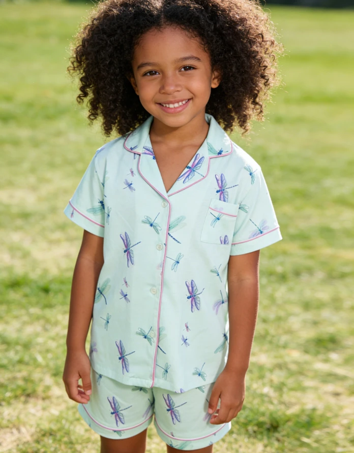 Children Aqua Dragonflies Satin Short Pajamas Set Baby Girls Summer Pajamas Short Clothing Set Kids Spring Button Down product image 2