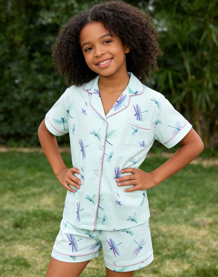 Children Aqua Dragonflies Satin Short Pajamas Set Baby Girls Summer Pajamas Short Clothing Set Kids Spring Button Down product image 3