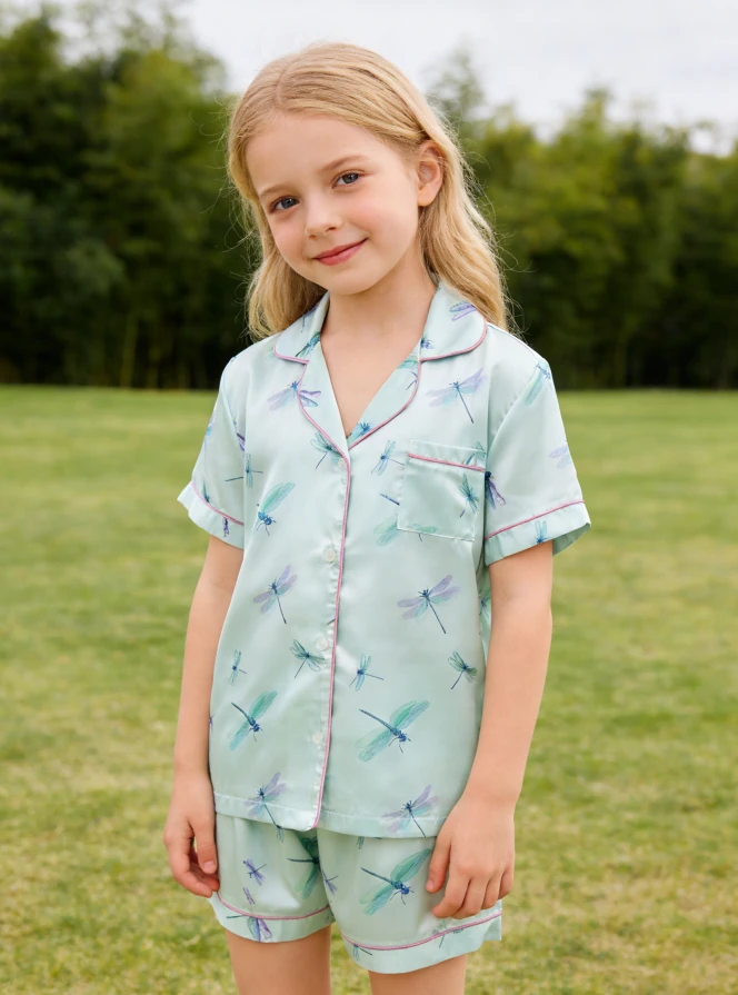 Baby Girls Aqua Dragonflies Satin Short PJ Set Toddler Summer Pajamas Button Down Short Set product image 1