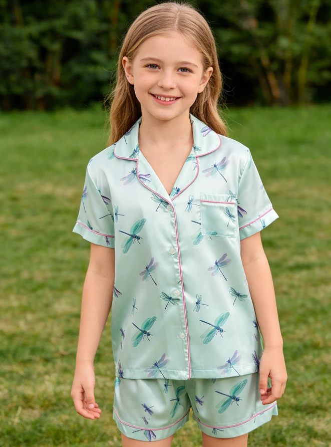 Baby Girls Aqua Dragonflies Satin Short PJ Set Toddler Summer Pajamas Button Down Short Set product image 2