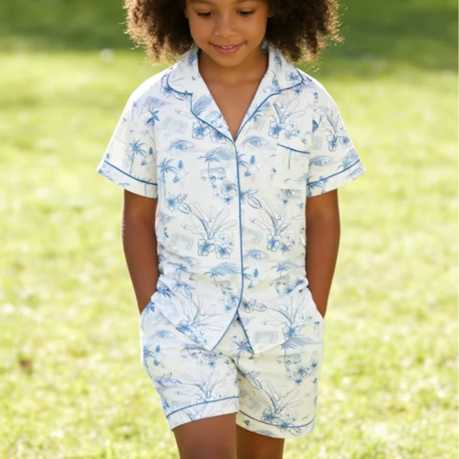 Baby Girls Morning Surf Satin Short Pajamas Set Kids Button Down Short Clothing Set product image 1