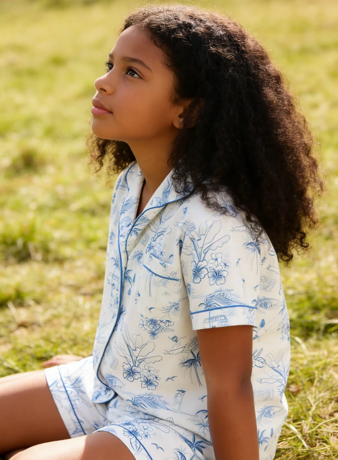 Baby Girls Morning Surf Satin Short Pajamas Set Kids Button Down Short Clothing Set product image 3
