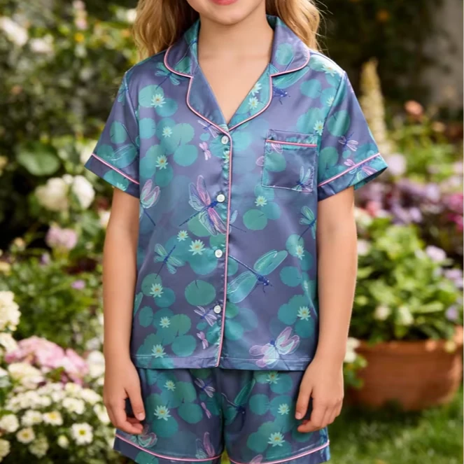 Children Lilypad Dragonflies Satin Short PJ Set Girls Summer Pajamas Button Down Short Clothing Set product image 1