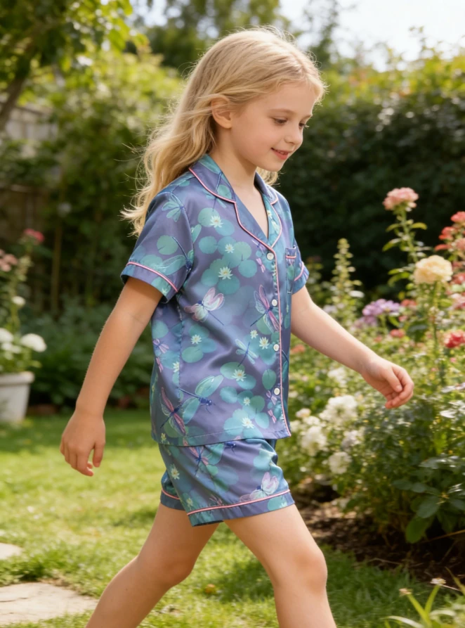 Children Lilypad Dragonflies Satin Short PJ Set Girls Summer Pajamas Button Down Short Clothing Set product image 2