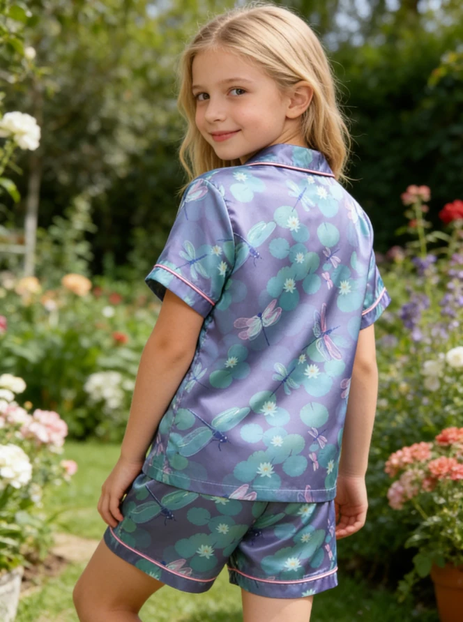 Children Lilypad Dragonflies Satin Short PJ Set Girls Summer Pajamas Button Down Short Clothing Set product image 3