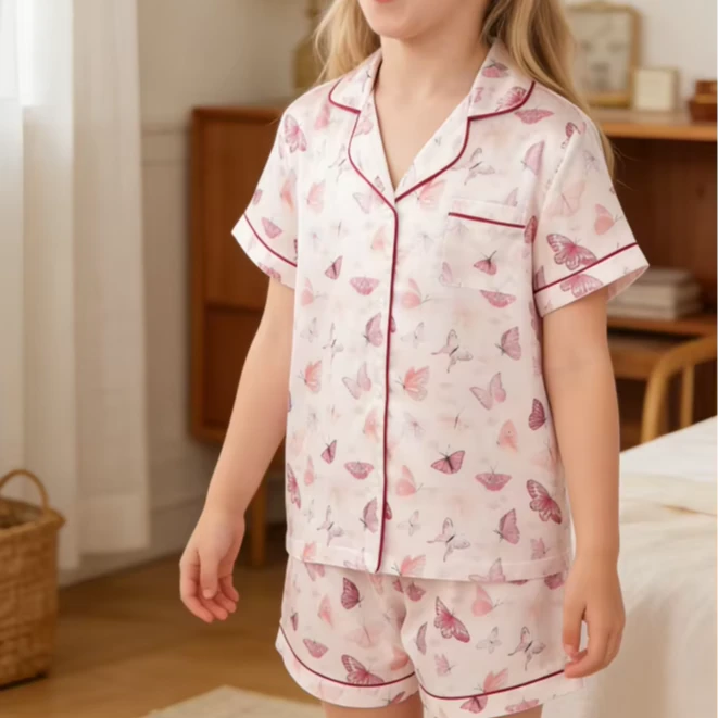 Children Butterfly Blush Satin Short PJ Set Baby Girls Summer Pajamas Button Down Short Set product image 1