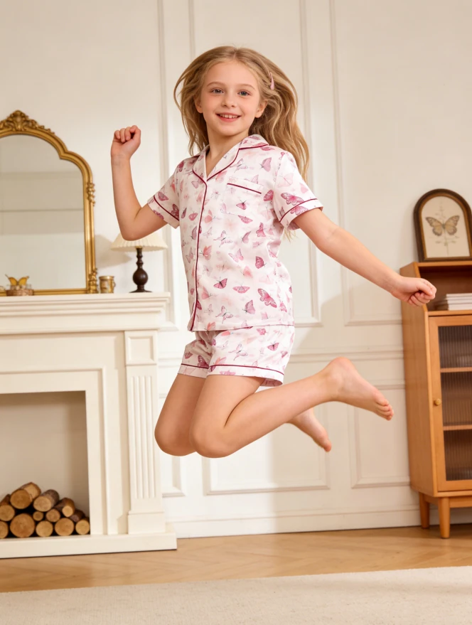 Children Butterfly Blush Satin Short PJ Set Baby Girls Summer Pajamas Button Down Short Set product image 2