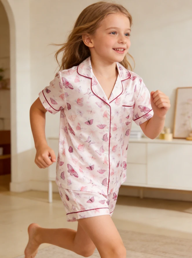 Children Butterfly Blush Satin Short PJ Set Baby Girls Summer Pajamas Button Down Short Set product image 3